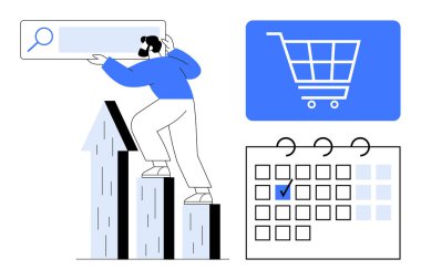 Grafik tırmanma grafiği arama çubuğu, alışveriş arabası simgesi, tarihli takvim. E-ticaret, büyüme, planlama, pazarlama, satış analizi iş stratejisi için ideal. Düz basit