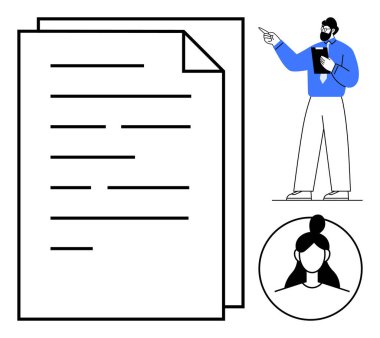 Metin satırlı büyük bir belge, fikirleri açıklayan bir adam, kadın avatarı. Takım çalışması, eğitim, organizasyon, eğitim, iletişim sunum analizi için ideal. Düz basit metafor