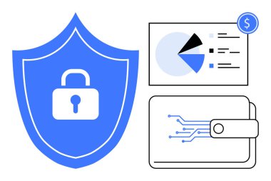 Mavi bir kalkanda asma kilit devreli dijital cüzdan ve dolar simgesi olan turta grafikleri. Siber güvenlik, finansal güvenlik, veri analizi, fintech, çevrimiçi bankacılık, güvenli ödeme yeniliği için ideal