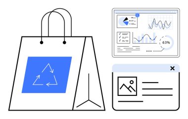 Ağ analizlerinin yanında sürdürülebilirliği vurgulayan alışveriş torbası ve çevre dostu pazarlama, marka stratejileri ve tasarım kavramları için bir web sayfası modeli. Sürdürülebilirlik ve e-ticaret için ideal