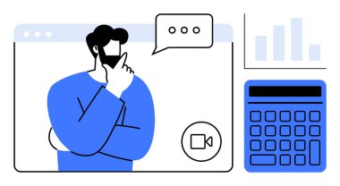 Video arayüzündeki düşünceli adam, konuşma baloncuğu tartışmayı gösteriyor. Hesap makinesi ve grafikler analitik, bütçe ve sanal işbirliği öneriyor. İş, finans ve planlama için ideal