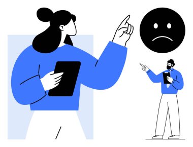 Sohbetteki iki profesyonel biri üzgün bir yüz ikonuna işaret ediyor, sorunları vurguluyor. Takım çalışması, işbirliği, iletişim, problem çözme, duygusal zeka, geri bildirim, motivasyon için ideal