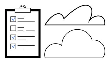 Bulut çizgilerinin yanında kontrol listesi olan pano. Üretkenlik, görev takibi, bulut teknolojisi, veri depolama, organizasyon, iş akışı, dijital çözümler için ideal. Düz basit metafor