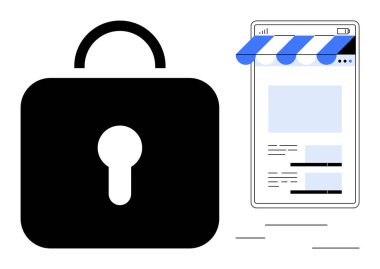 Büyük siyah asma kilit ve e-ticaret mağazası önü gösteren akıllı telefon. Siber güvenlik, çevrimiçi alışveriş güvenliği, veri gizliliği, dijital güvenlik, perakende koruması, siber farkındalık, daire bilinci için ideal