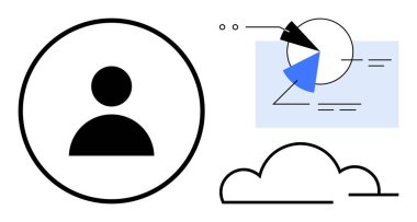 Kullanıcı profili çemberin içinde, oklu analitik pasta grafiği ve basit bulut elemanı. Veri, teknoloji, kullanıcı arayüzü, iş analizi, ağ depolama asgari tasarım için ideal. Düz