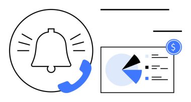 Telefon ikonu, pasta grafiği analizi ve uyarı, finans, planlama ve iletişim için dolar işareti rozeti ile çan çalıyor. Finans, alarm ve pazarlama stratejisi analizleri için ideal