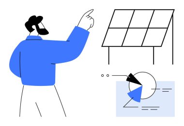 Turta grafiğiyle verimlilik grafiğini incelerken güneş panelini gösteren kişi. Enerji, analitik, yenilenebilir kaynaklar, yenilik, sürdürülebilirlik, teknoloji, iklim hareketi için idealdir. Düz basit