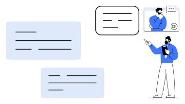 Diyalog kutuları ve sanal konferans arayüzü kullanarak fikirler sunan kişi. Takım çalışması, uzaktan iletişim, öğretim, problem çözme, dijital araçlar, işbirliği, düz metafor için ideal