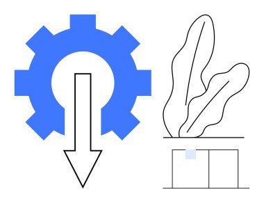 Mavi dişli ve aşağı doğru ok verimliliği sembolize ediyor, denge, büyüme ve gelişim için bir bitki ve yapı elementleri ile eşleştiriliyor. Teknoloji, yenilik, çevre ve sürdürülebilirlik için ideal