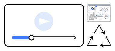 İlerleme çubuğu olan ortam oynatıcı, grafikli analitik panel ve geri dönüşüm üçgeni. Sürdürülebilirlik, veri, teknoloji, medya, çevre bilinci iş akışı eğitimi için ideal. Düz basit