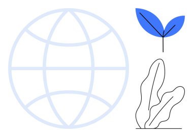 Küre çizgisi mavi bir yaprak ve minimum bitki tasarımı ile eşleştirildiğinde doğa, çevre koruma ve küresel bağlantıyı çağrıştırıyor. Çevre sürdürülebilirliği, yeşil enerji, büyüme ve yenilenme için ideal