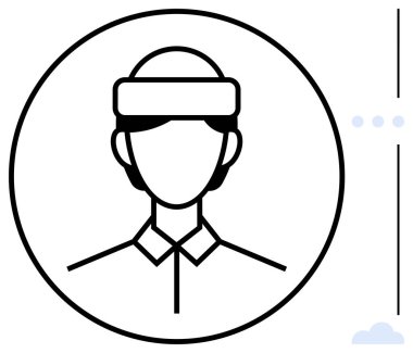 Avatar dairesel çerçevede sanal gerçeklik kulaklığı takıyor, gelecekteki teknoloji ve yenilikleri vurguluyor. VR, AI, oyun, eğitim, yaratıcılık, kullanıcı arayüzü yeniliği için ideal. Düz