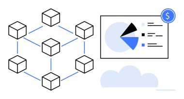 Blockchain küpleri bulut simgesiyle bağlantılı, finansal grafiklerle eşleştirilmiş pasta grafikleri sergiliyorlar. Finans, engelleme zinciri, bulut hesaplama, veri analizi, teknolojik yenilik, iş büyümesi için ideal