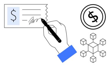 Çek imzalama, para birimi simgesi ve finansal işlemleri, dijital para birimini ve merkezi olmayan sistemleri sembolize eden engelleme ağı. Ödeme, bankacılık, fintech, teknoloji için ideal