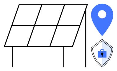 Güneş paneli yapısına mavi bir işaret ve kilit amblemli bir kalkan eşlik ediyor. Yenilenebilir enerji, konum izleme, güvenlik, yeşil teknoloji, sürdürülebilirlik ve enerji için ideal