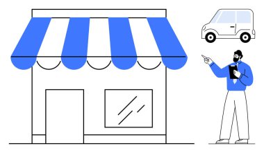 Çizgili güneşlikli bir vitrin, küçük bir araba, pano ile el kol hareketi yapan profesyonel bir adam. Ticari kurulum, perakende, pazarlama, satış, dağıtım hizmetleri, girişimcilik müşterisi için ideal