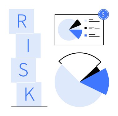 Turta grafiği parçaları, analiz kurulu, finansal ikon ve RISK blokları risk değerlendirmesi, veri analizi, strateji geliştirme, mali planlama, karar verme, yatırım analizi düz vurguluyor
