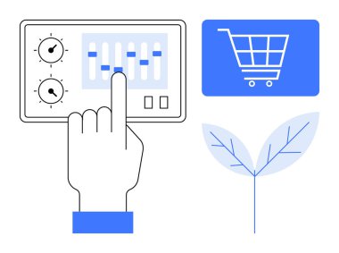 Kontrol panelinde kaydırıcılarla, e-ticaret tramvayı ikonu ve sürdürülebilirliği sembolize eden bir yaprak etkileşimi. Teknoloji, e-ticaret, sürdürülebilirlik, kontrol, kullanıcı arayüzü, veri için ideal