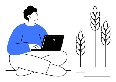 Buğday saplarının yanında dizüstü bilgisayarla çalışan biri. Tarım, tarım teknolojisi, sürdürülebilirlik, uzak çalışma, yenilik, ekolojik bilinçli yaşam ve modern tarım için idealdir. Düz basit