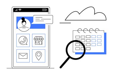 Kullanıcı profili, iletişim simgeleri, navigasyon araçları, takvim ve büyüteçle akıllı telefon arayüzü. Düzenleme, zamanlama, uygulamalar, bağlantı planlama araçları için idealdir