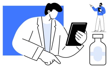 Tablet kullanan bir tıp uzmanı, verileri aşı şişesiyle gösteriyor ve yakınlarda başka bir profesyonel yönetmen var. Sağlık, teletıp, tanı, teknoloji, aşı ve analiz için ideal