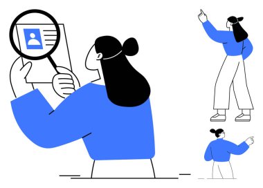 Kadın, büyüteç altında kimlik tutuyor, detayları inceliyor. Diğer görüntülere göre yukarı ve yana bakıyor. İşe alım, araştırma, doğrulama, kimlik, analitik, odaklanma araştırması için ideal