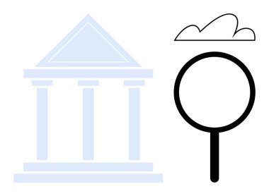 Sütunlu yapı araştırma için büyüteçle ve veri için bulutla sembolize edilen bir kurum. Eğitim, araştırma, analiz, bulut depolama, tarih, keşif, öğrenme kavramları için ideal