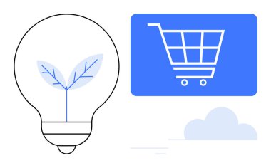 Yapraklı ampul, mavi arka planda ve bulutta alışveriş arabası ikonunun yanında çevre dostu fikirleri sembolize ediyor. Sürdürülebilirlik, yenilik, e-ticaret, yeşil teknoloji, çevrimiçi alışveriş için ideal