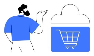 Mavi tişörtlü bir insan bulutun içindeki alışveriş arabasına doğru hareket eder, bulut tabanlı e-ticareti resmeder. Teknoloji, alışveriş, çevrimiçi iş, bulut hesaplama, yenilik ve dijital için ideal