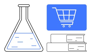 Sıvı kimya şişesi, alışveriş arabası ve eğitimi, bilimi ve ticareti vurgulayan kitaplar. Bilgi, yenilik, e-ticaret, eğitim öğrenme araştırması ve ilerleme için ideal