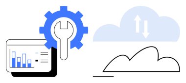 Veri tabloları ve yükleme oklarıyla özetlenmiş bir bulut ile etkileşim halinde. Teknoloji, veri işleme, analitik, otomasyon, bulut depolama, yenilik ve bilişim çözümleri için ideal. Düz