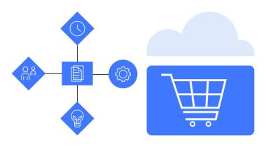 Belge, saat, takım, ampul, çark ikonlu çark bulutu gibi birbirine bağlı mavi elementler. E-ticaret, otomasyon, yenilik, takım çalışması yönetimi için ideal iş akışı