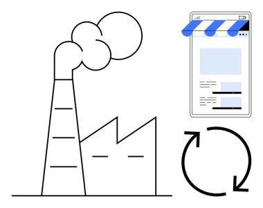 Duman yayan fabrika, e-ticaret web sitesi ve dairesel geri dönüşüm oku. Sürdürülebilirlik, üretim, sanayi, e-ticaret, süreç optimizasyonu, eko-iş yeniliği için ideal
