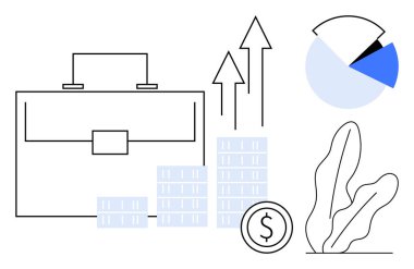 Finansal unsurların olduğu evrak çantası, yükselen oklar, istiflenmiş paralar ve ilerleme ve büyümeyi gösteren pasta grafiği. Yatırım, iş, strateji, finans, analiz, ekonomi için ideal