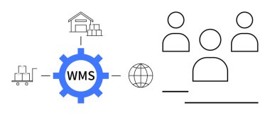 Depoya, sevkiyata, küreye ve takım ikonlarına bağlanan WMS mesajları. Lojistik, takım çalışması, tedarik zinciri, veri yönetimi, iş akışı e-ticaret düz metaforu için ideal