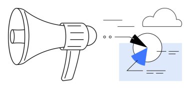 Arka planda bulut olan bir pasta grafiğine doğru megafon yansıtma çizgileri ve şekiller. Pazarlama, analitik, iletişim, takım çalışması, bilgi transferi, rapor oluşturma için ideal basit