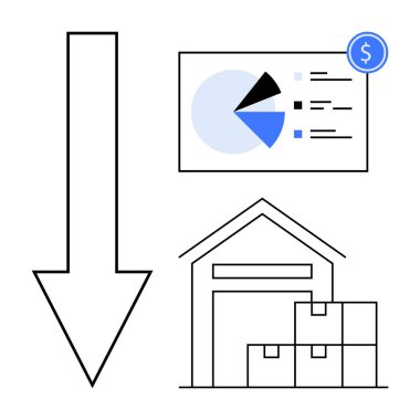 Aşağı doğru ok, analizleri gösteren çizelge, kutularla dolu depo binası, mavi dolar. Lojistik, analitik, bütçe yönetimi, e-ticaret, envanter optimizasyonu için ideal maliyet verimliliği sade