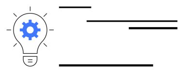 Merkezinde mavi dişli ampul ve dinamik çizgiler fikirleri, problem çözmeyi ve yenilikleri vurguluyor. Yaratıcılık, süreç, strateji, takım çalışması, iş, hedefler için ideal düz bir metafor