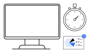 Ekran, kronometre ve finansal ikona sahip veri tablosu verimliliği, zaman takibini ve performans ölçümünü vurguluyor. Üretkenlik, analitik, finans, iş yönetimi için ideal