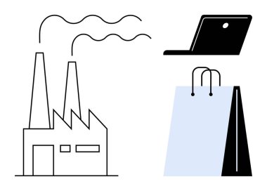 Duman yayan fabrika imalatı, dizüstü bilgisayar yeniliği simgeler ve alışveriş torbası da perakendeciliği simgeler. Üretim, e-ticaret, sürdürülebilirlik, sanayileşme ve ticaret için ideal