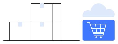 Online alışveriş, envanter ve tedarik zincirini temsil eden istiflenmiş depo kutularının yanında bulut alışveriş arabası sembolü. E-ticaret, lojistik, dağıtım, tatmin, teknoloji, perakende bulutu için ideal