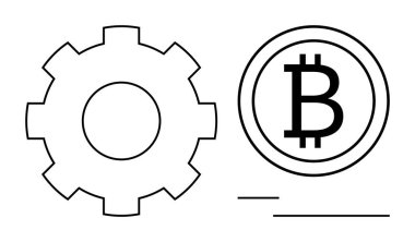 Şifreleme işlemleri, dijital ekonomi ve merkezi olmayan sistemleri temsil eden Bitcoin işaretinin yanında vites sembolü. Yenilik, finans, engelleme zinciri geliştirme, fintech, digital için ideal