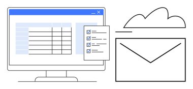 Güvenli veri paylaşımını sembolize eden bulut ve zarf simgesinin yanında hesap tablosu ve kontrol listesi olan bilgisayar ekranı. İş akışı otomasyonu, e-posta iletişimi, bulut depolama, işbirliği için ideal