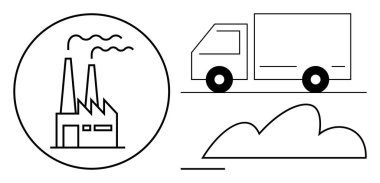 Fabrikanın içinde duman, yolda teslimat kamyonu, bulut. Üretim, lojistik, ulaşım, bulut depolama, endüstriyel süreçler, eko-sistem düz metaforu için ideal