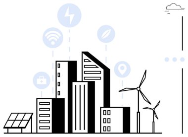 Güneş paneli, rüzgar türbinleri ve enerji, teknoloji ve iletişimi temsil eden birbirine bağlı ikonlar ile kentsel ufuk çizgisi. Sürdürülebilirlik, yenilik, akıllı teknoloji, kentsel kalkınma için ideal
