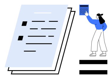 Belgeler ve eşitlik işaretinin yanında mali tabloları analiz eden hesap makinesi olan bir kadın. Fintech, muhasebe, iş planlaması, veri analizi, bütçe yönetimi, eğitim için ideal