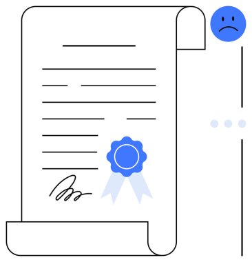 Resmi belgede, memnuniyetsizlik veya reddedilmeyi ifade eden üzgün bir yüzün yanı sıra bir de sertifika rozeti ve imza yer alıyor. Yasal sözleşmeler için ideal, başarısızlık, hayal kırıklığı, uyum