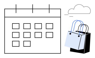 Şebeke planlı takvim ve alışveriş çantalarının yanına asılan etiketler. Perakende planlama, organizasyon, programlama etkinlikleri, zaman yönetimi, e-ticaret, üretkenlik, tüketici davranışı, soyut çizgi