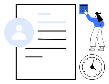 Belge yakınında hesaplama yapan kişi, zamanı temsil eden saat. Üretkenlik, raporlar, finans, eğitim, teslim tarihleri, iş gücü planlaması için ideal. Temiz düz basit metafor