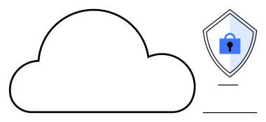 Kalkanının yanında asma kilidi olan bir bulutun taslağı. Bulut depolama, veri koruması, siber güvenlik, gizlilik, dijital güvenlik, çevrimiçi güvenlik, güvenli erişim için ideal. Soyut çizgi düz metafor